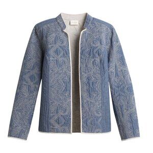 Chicos Chambray Reversible Embroidered Quilted Jacket  L/12 Cottage Core Grandma